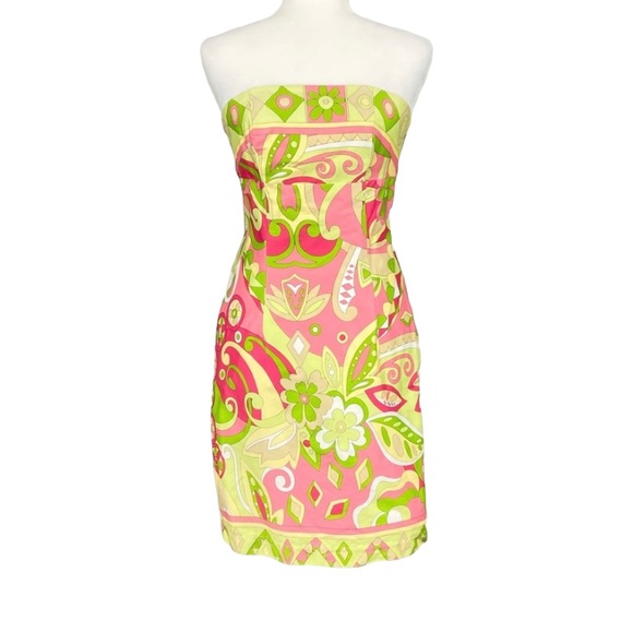 Melly M Womens Strapless Dress Green Pink Floral Paisley Print Cotton size 2 - Picture 1 of 9
